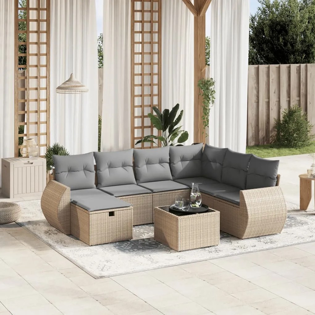 Set divano da giardino 8 pz con cuscini beige misto polyrattan