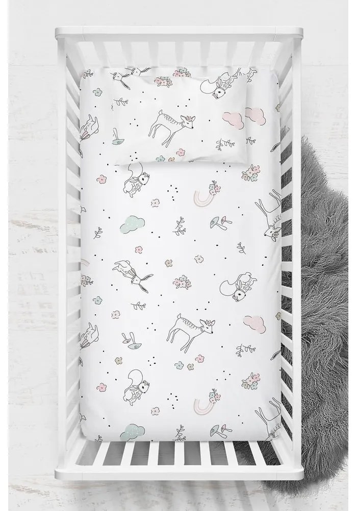 Set di lenzuolo e federa per bambini bianco in cotone renforcé per culla 100x150 cm Flowers – Mijolnir