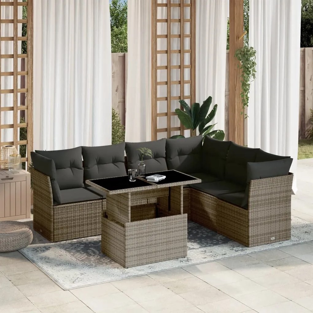 Set divani da giardino 7 pz con cuscini grigio in polyrattan