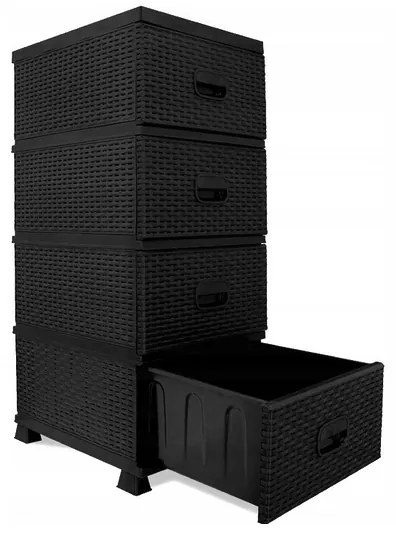 Cassettiera nera con design in rattan con 4 cassetti