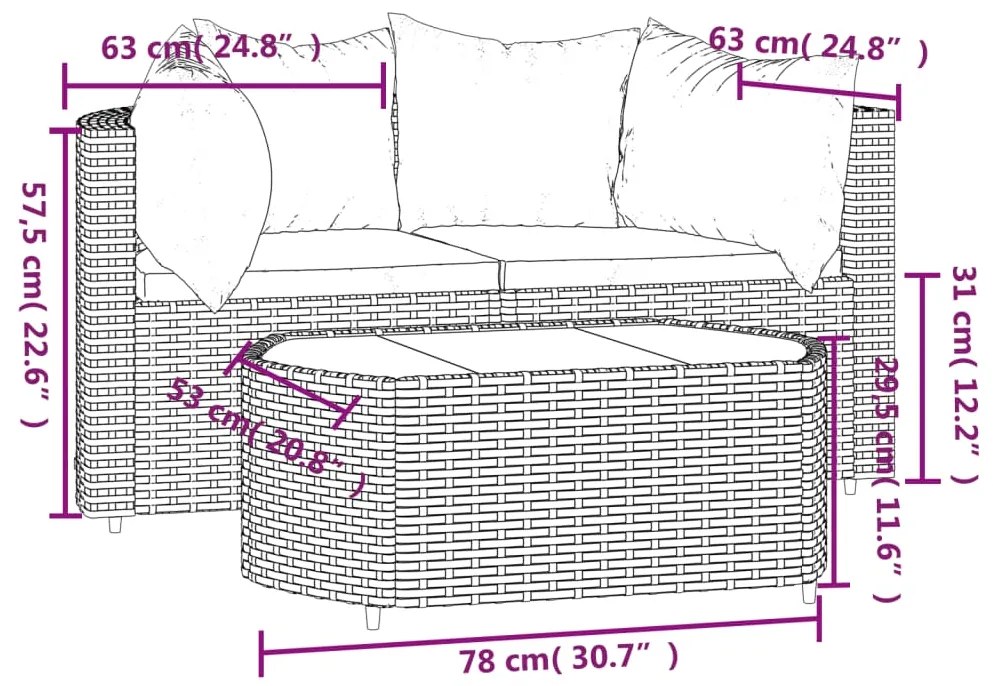 Set Mobili da Giardino 3 pz con Cuscini in Polyrattan Marrone