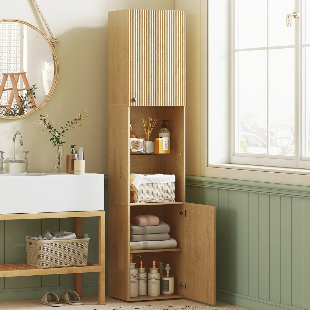 Mobile da Bagno a Colonna Slim 40x31x182H cm 6 Ripiani 2 Ante e Ripiano in Vetro Temperato in MDF Rovere...