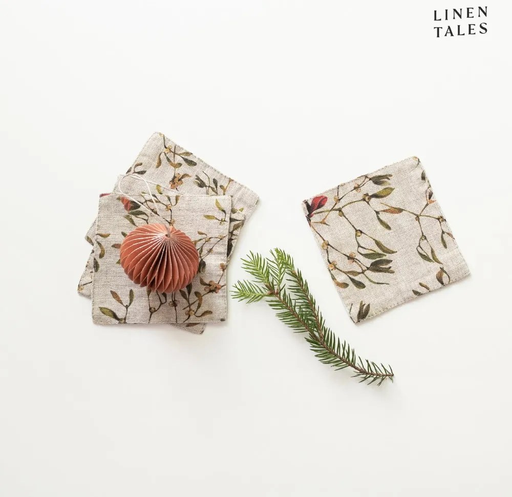 Sottobicchieri con motivo natalizio in colore naturale in set di 4 pezzi Mistletoe - Linen Tales