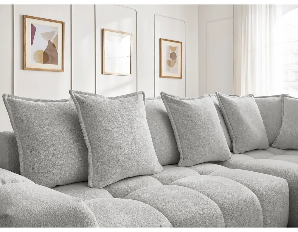 Divano angolare grigio chiaro allungabile e con contenitore (penisola a destra/a L) con rivestimento in ciniglia Everest – Bobochic Paris