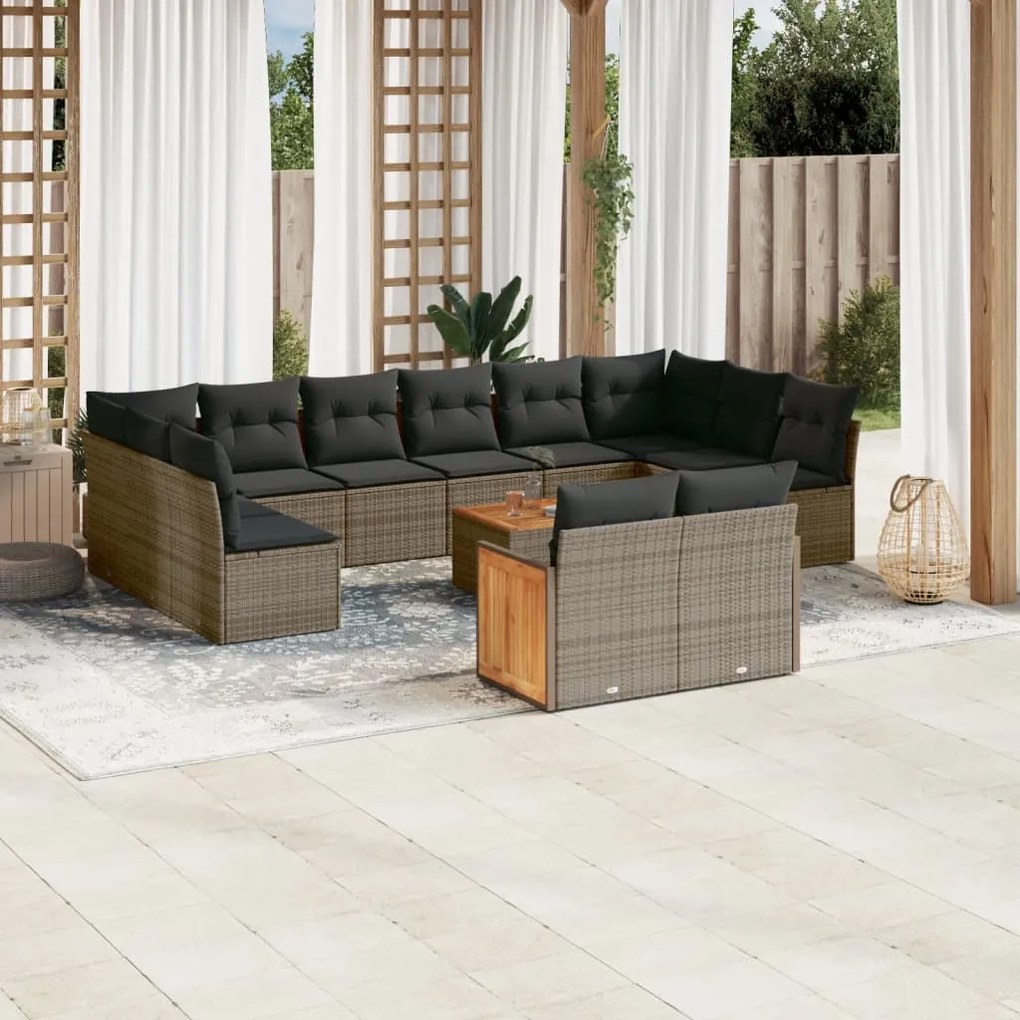 Set divani da giardino 13 pz con cuscini grigio in polyrattan