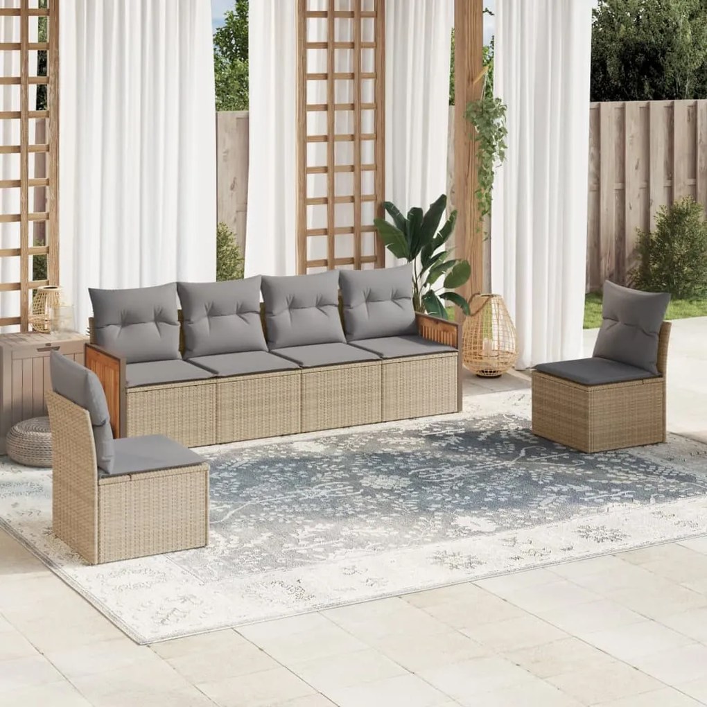 Set Divano da Giardino 6 pz con Cuscini Beige in Polyrattan