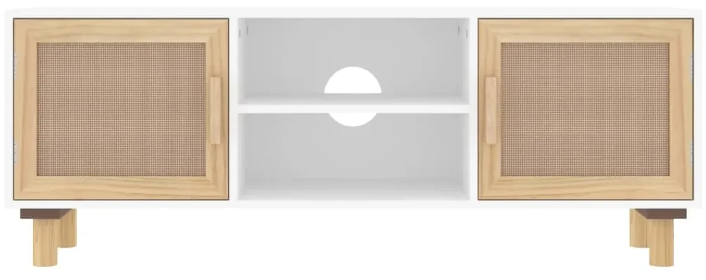 Mobile tv bianco 105x30x40 cm massello pino e rattan naturale