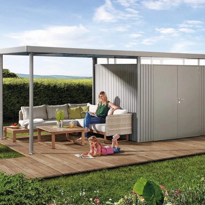 Casetta da giardino BIOHORT Highline H5 in acciaio grigio scuro con porta doppio battente, superficie interna 7.35 m² e spessore parete 0.5 mm