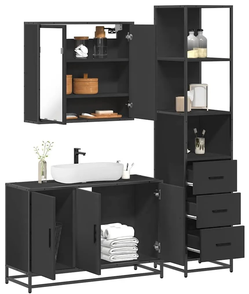 Set Mobili Da Bagno 3 Pz Nero İn Legno Multistrato /
