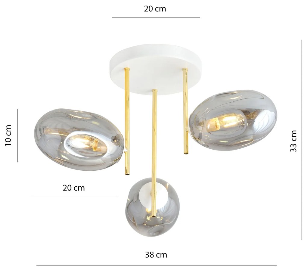 Plafoniera Contemporanea Argo 3 Luci In Acciaio Bianco Oro E Vetro Fumè