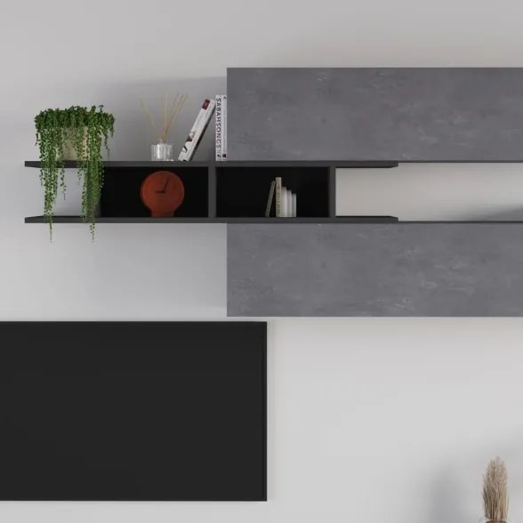 Parete Attrezzata 206 Cm Base TV E Pensili Antracite E Cemento Venus