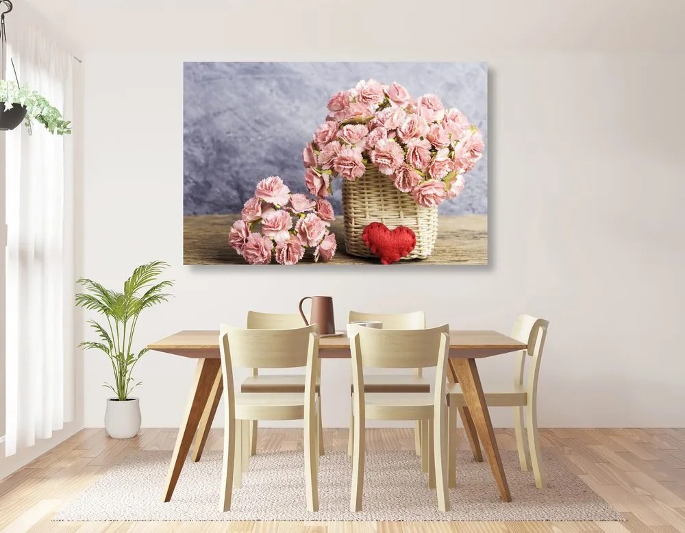 Quadro su tela – Bouquet di garofani rosa in cesto