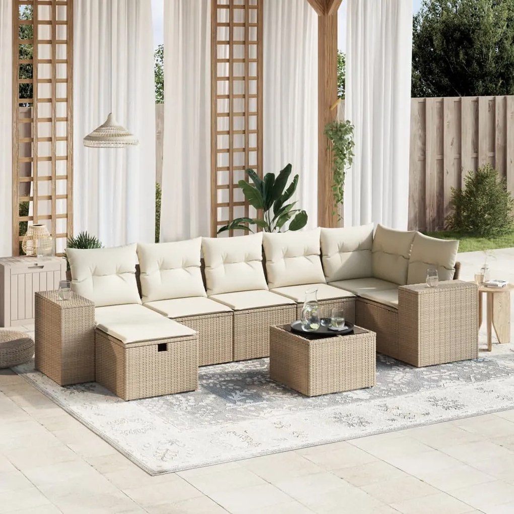 Set divano da giardino 8 pz con cuscini beige in polyrattan