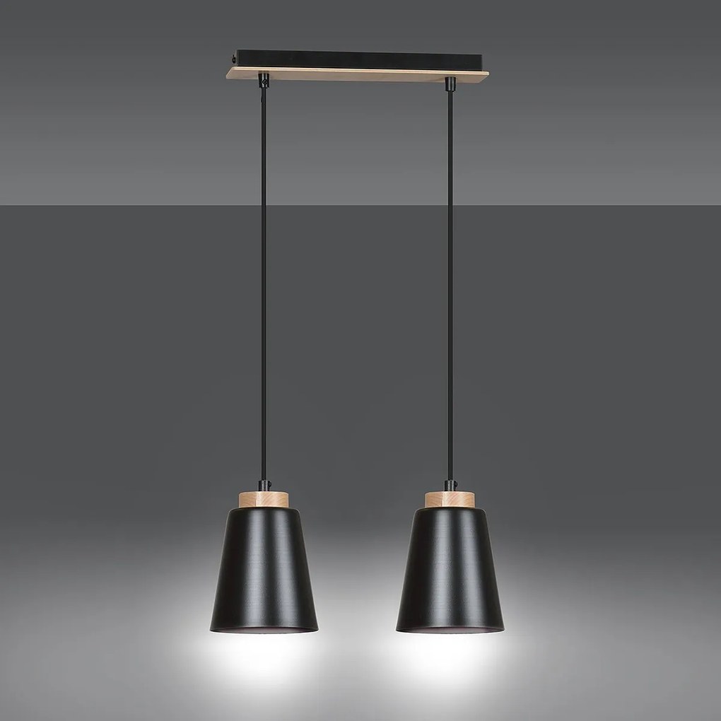 Lampadario 2 Luci Bolero Con Paralumi A Cono In Acciaio Nero E Legno Naturale