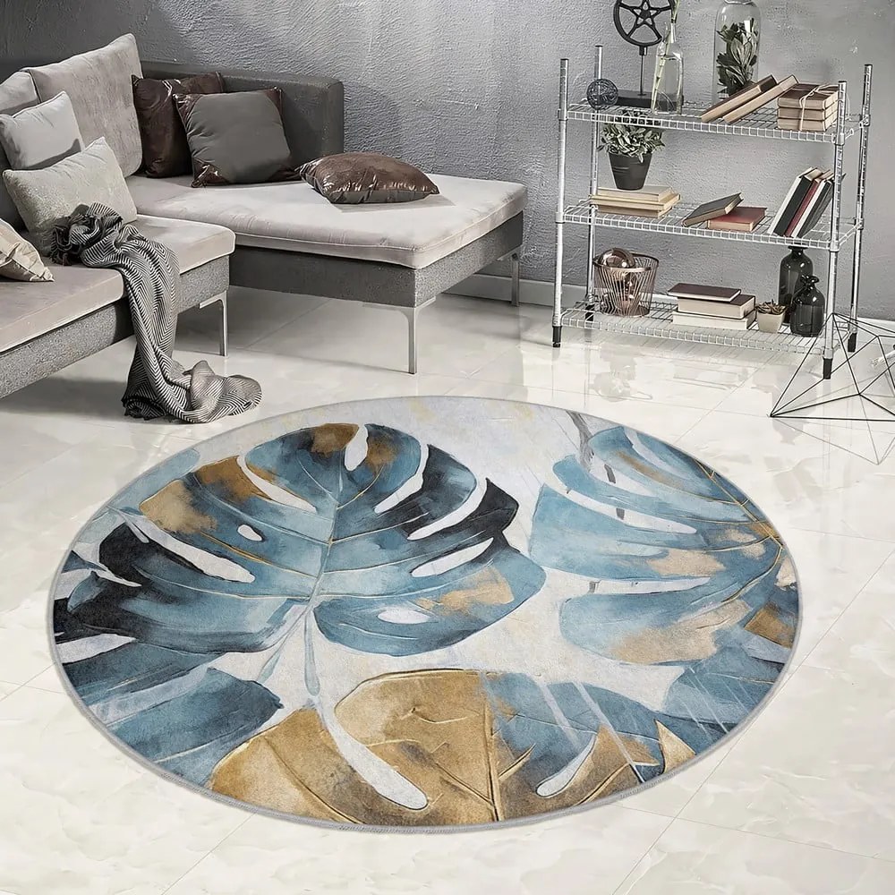 Tappeto rotondo blu lavabile ø 150 cm Golden Leaves – Mila Home