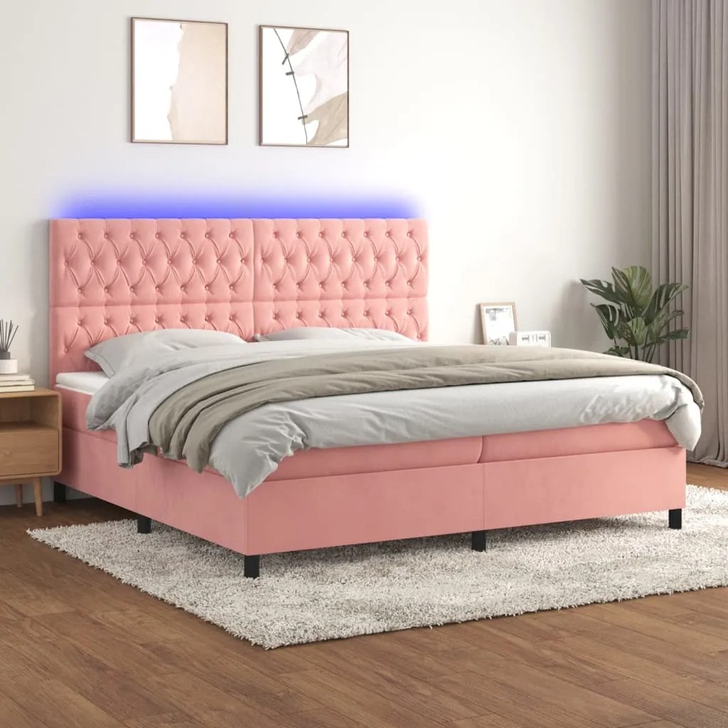 Letto a Molle con Materasso e LED Rosa 200x200 cm in Velluto