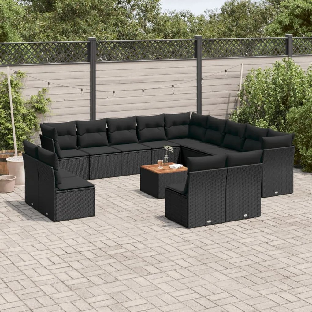 Set divani da giardino 14pz con cuscini in polyrattan nero