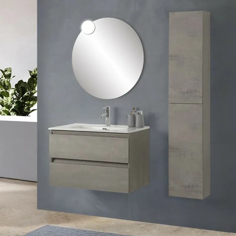 Mobile bagno sospeso 80 cm in legno grigio cemento 2 cassettoni con lavabo e specchio Leda