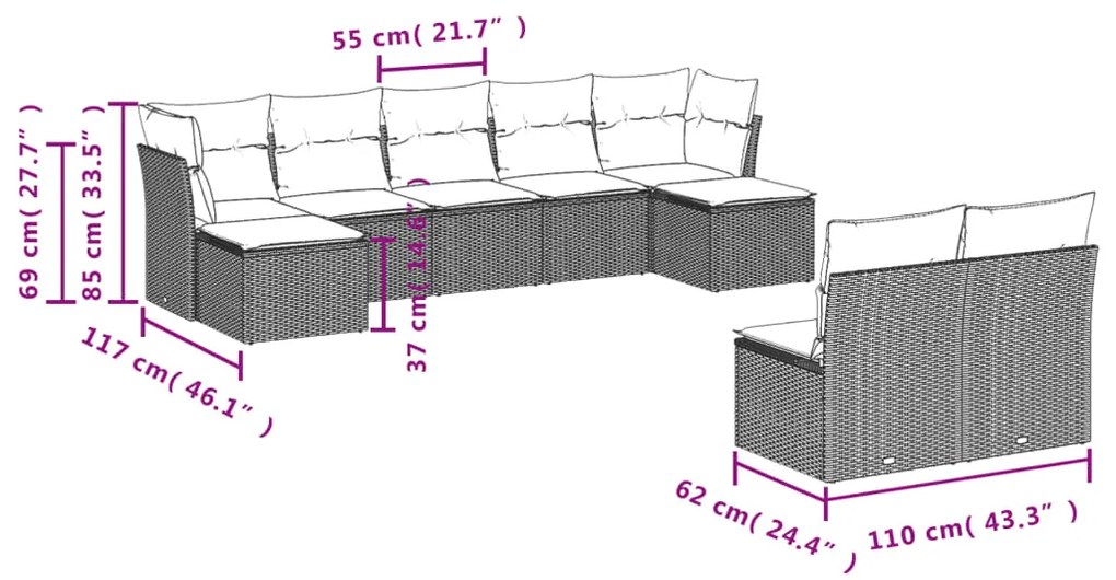 Set Divano da Giardino 9 pz con Cuscini Grigio in Polyrattan