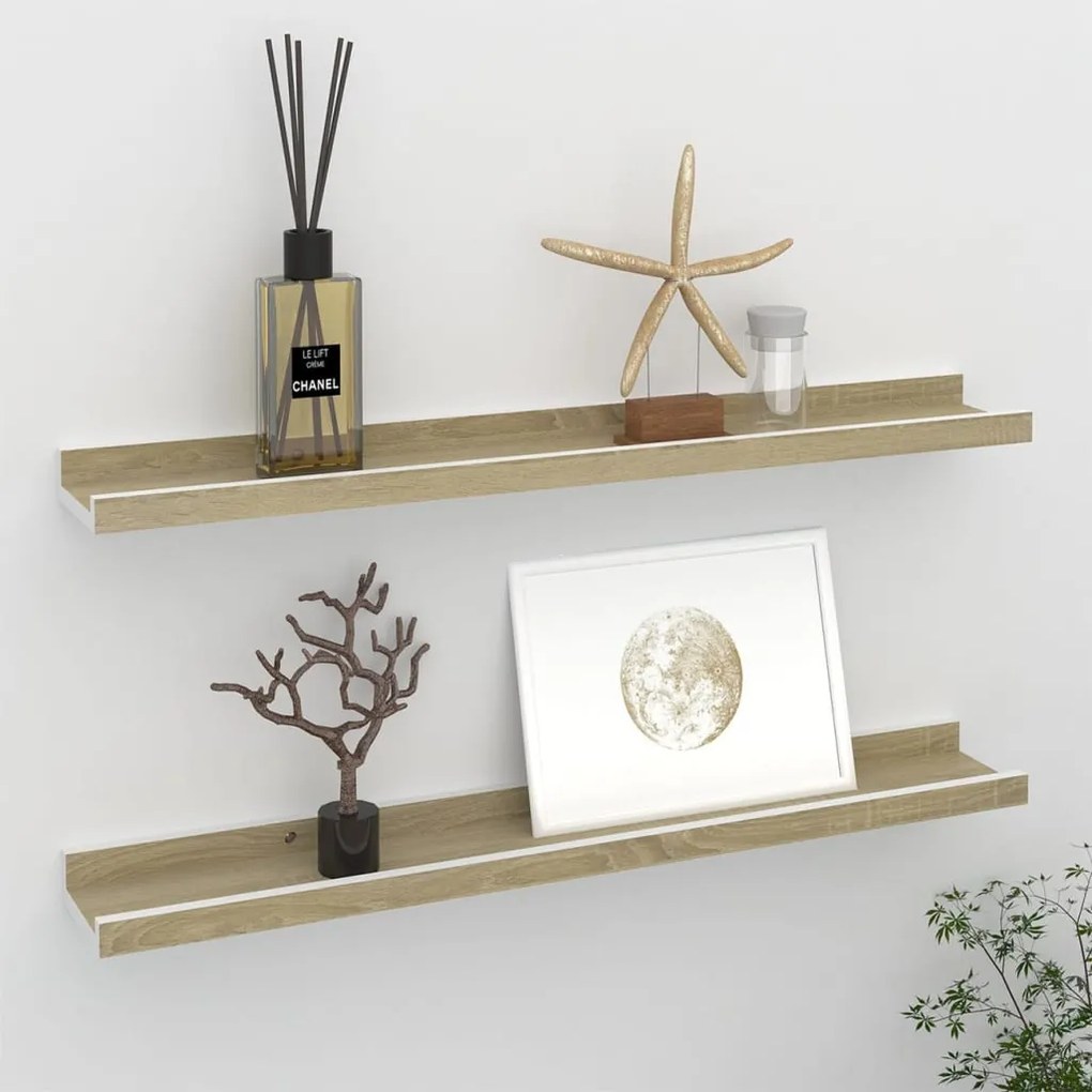 Mensole da parete 2 pz bianco e rovere sonoma 60x9x3 cm