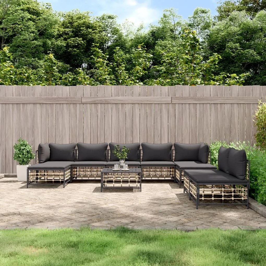 Set divani da giardino 10pz con cuscini antracite in polyrattan