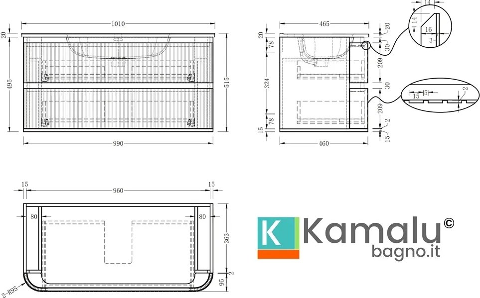 Mobile bagno cannettato 100 cm con lavabo in ceramica | KAM-NORTH-100C - KAMALU