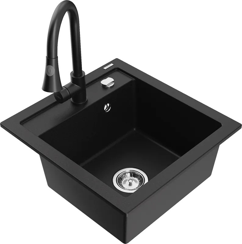 Mexen Vito lavello in granito a 1 vasca con rubinetto da cucina Elia, nero - 6503-77-670101-70