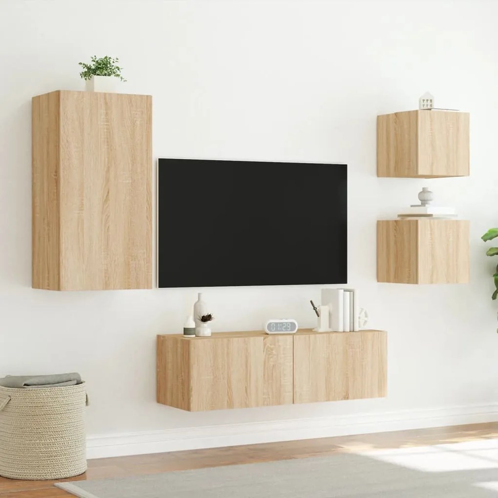 Mobili tv a muro 4pz con luci led rovere sonoma