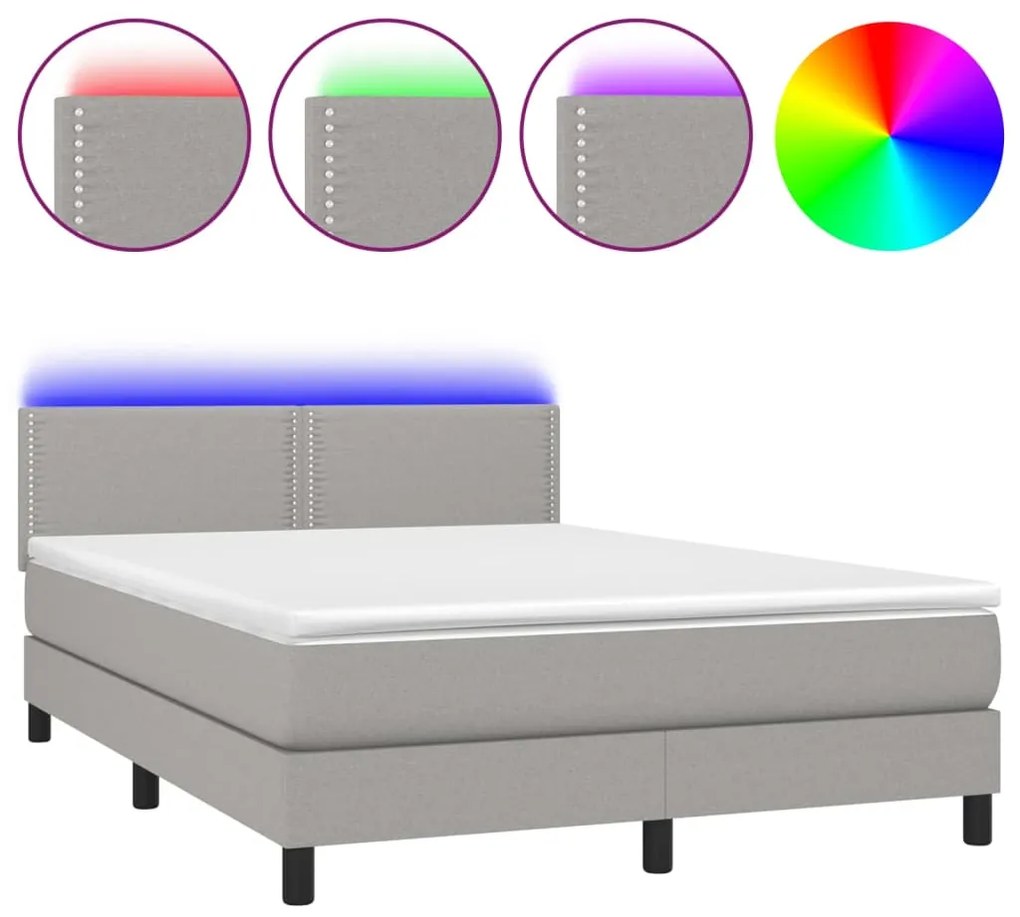 Letto a molle materasso e led grigio chiaro 140x200 cm tessuto