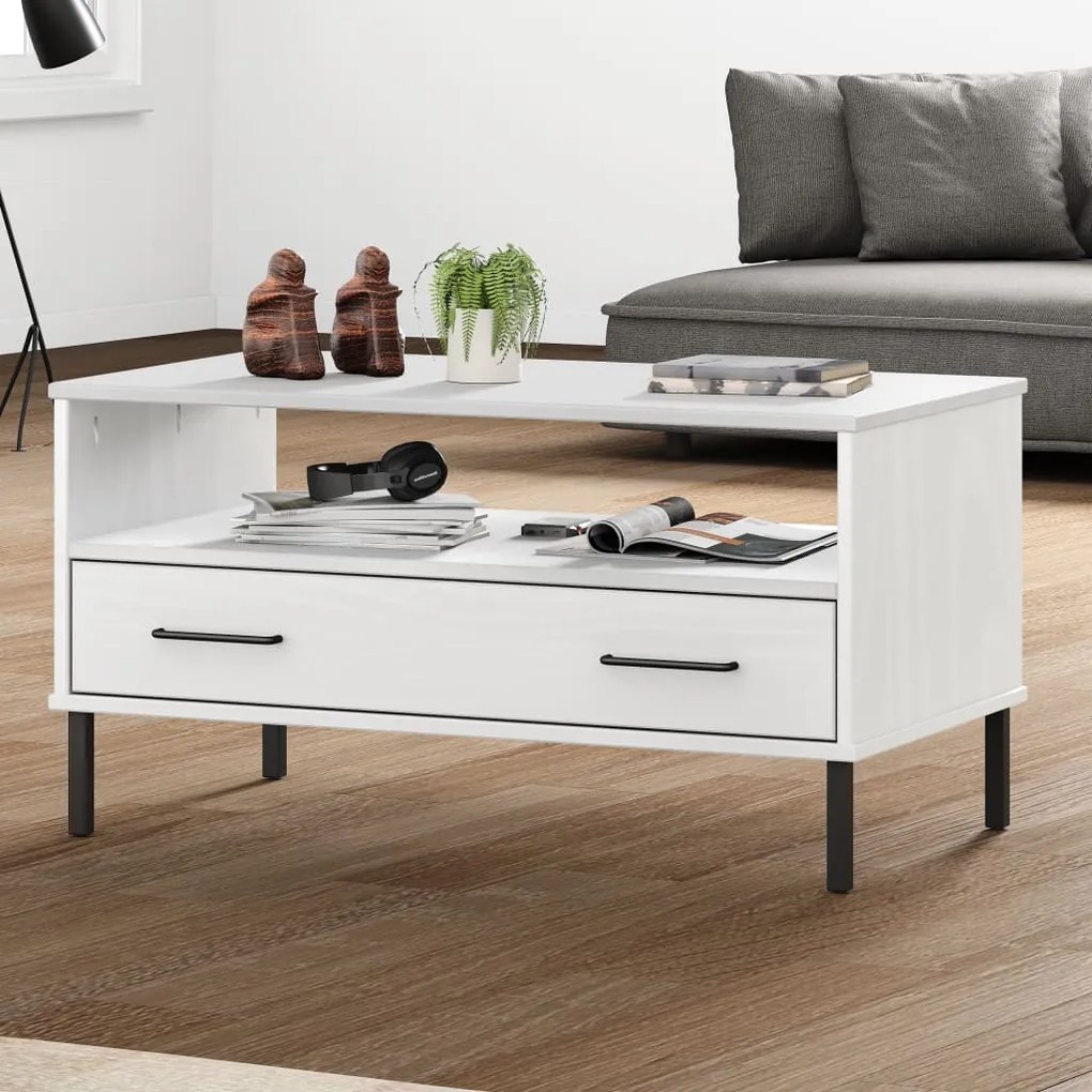 Tavolino Gambe Metallo Bianco 85x50x45 Cm Legno Massello Oslo /