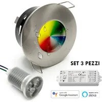 KIT 3 faretti 27W incasso box doccia IP65 LED RGB multicolore dimmer SMART WiFi Alexa Google 12V SILVER SPAZZOLATO