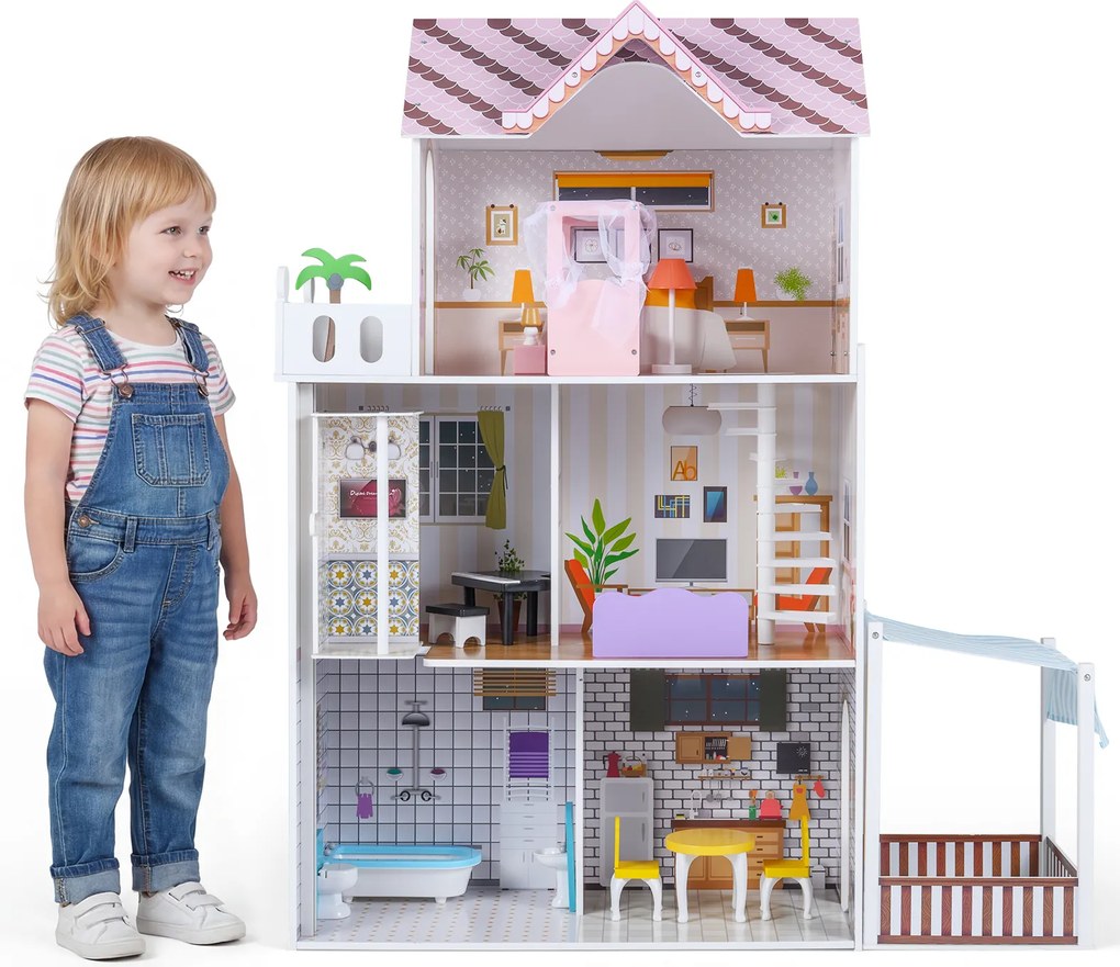 Costway Casa bambole legno 3 piani fai-da-te 16 accessori arredamento aperta, Casa bambole balcone giardino bambini bambine 3+ anni