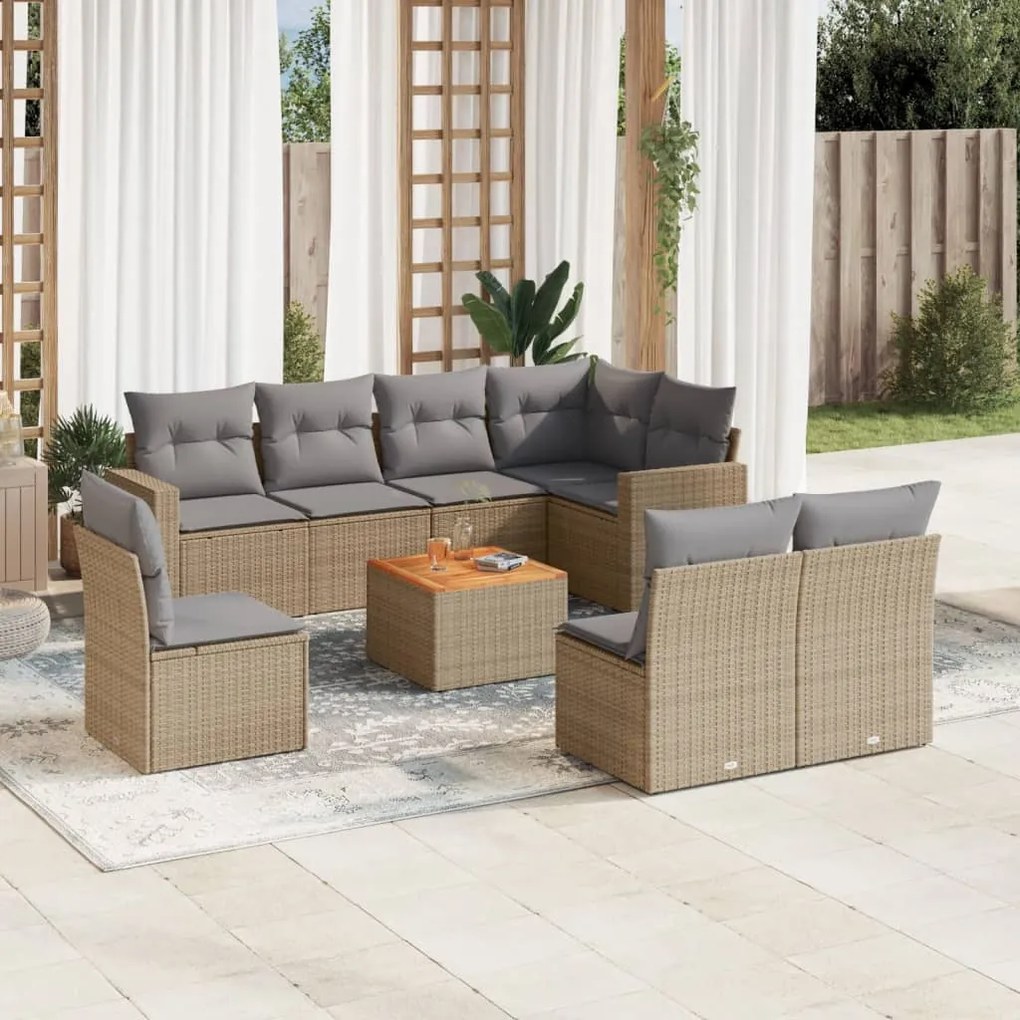 Set divano da giardino 9 pz con cuscini beige misto polyrattan
