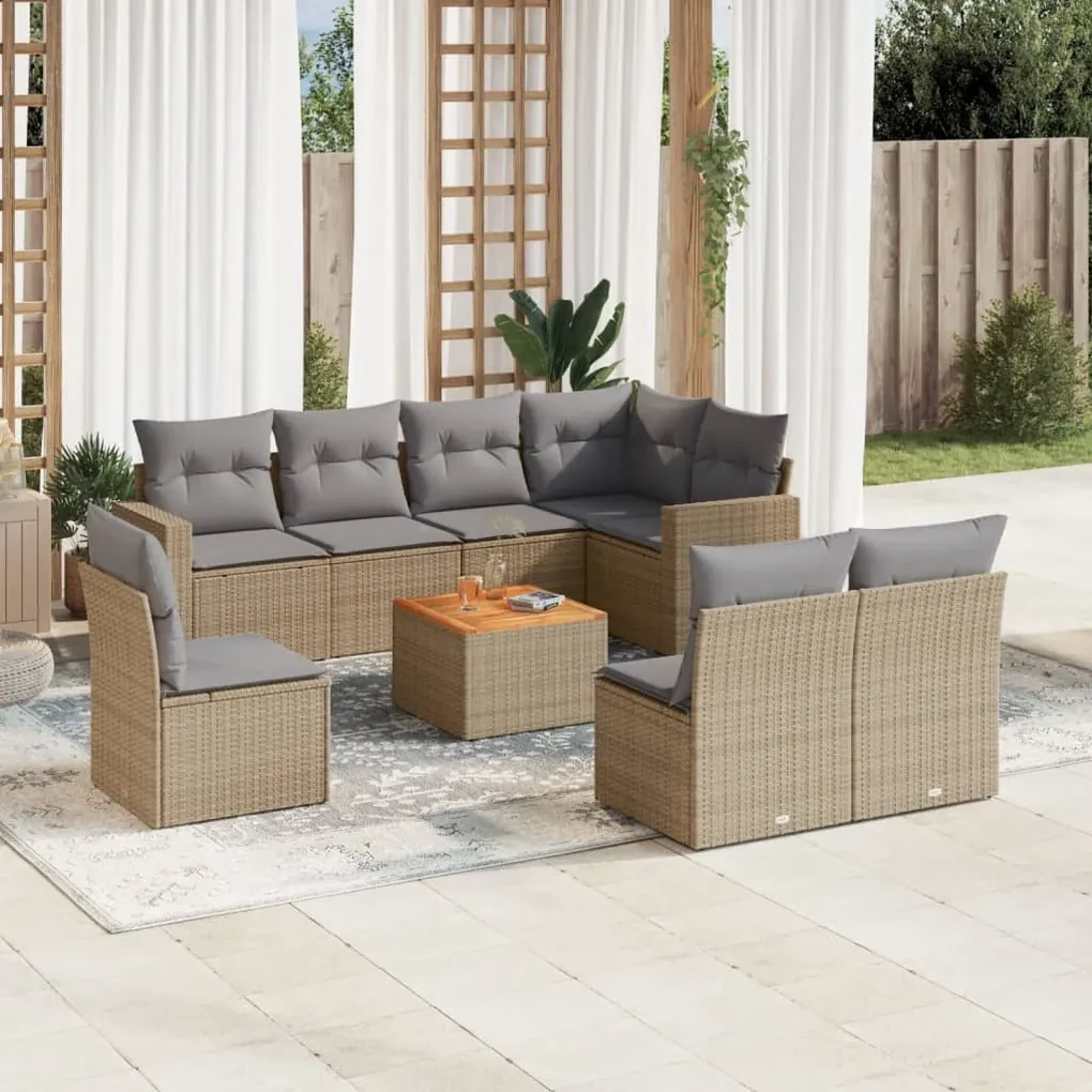 Set divano da giardino 9 pz con cuscini beige misto polyrattan