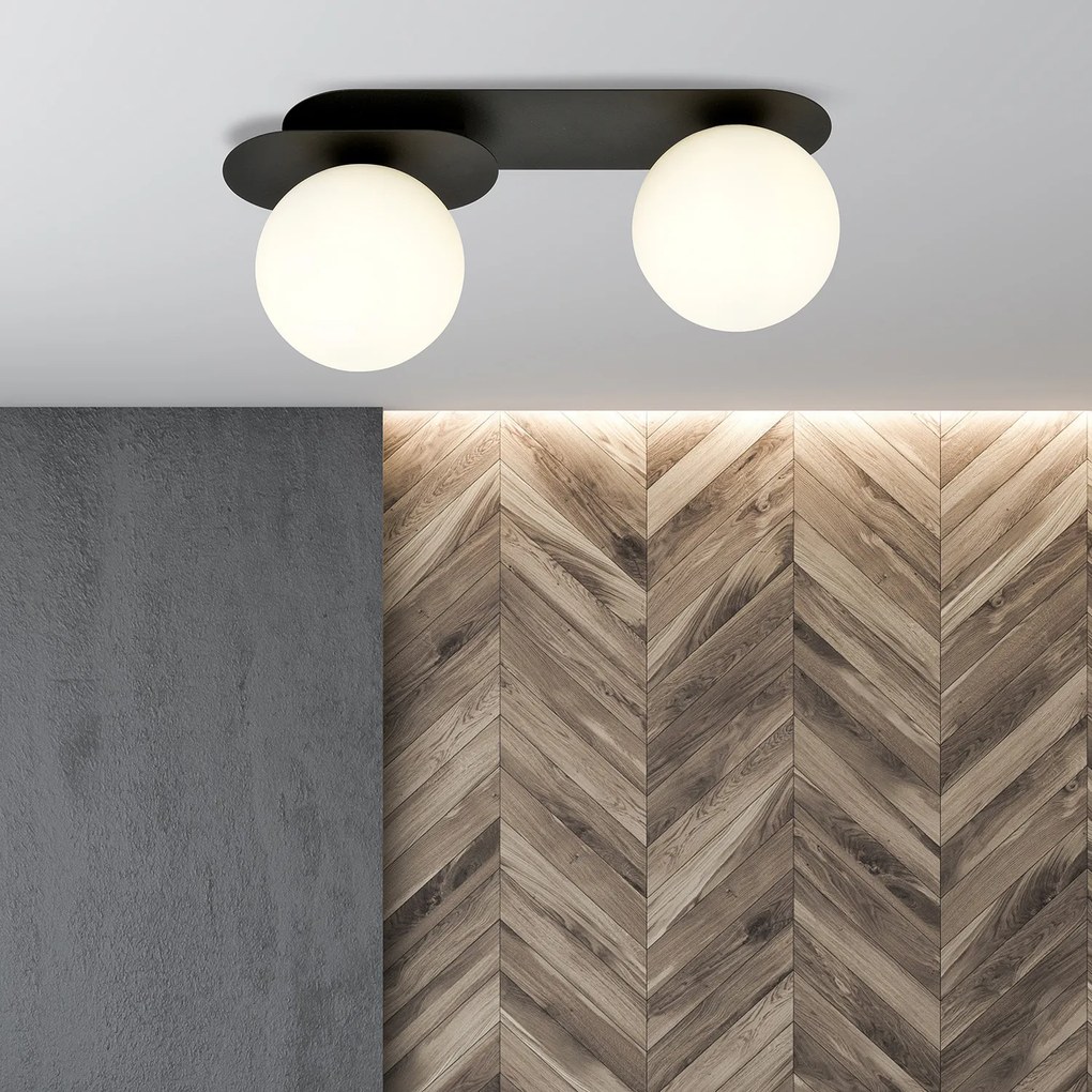 Plafoniera Minimal 2 Luci Teia In Acciaio Nero E Sfere Vetro Opale