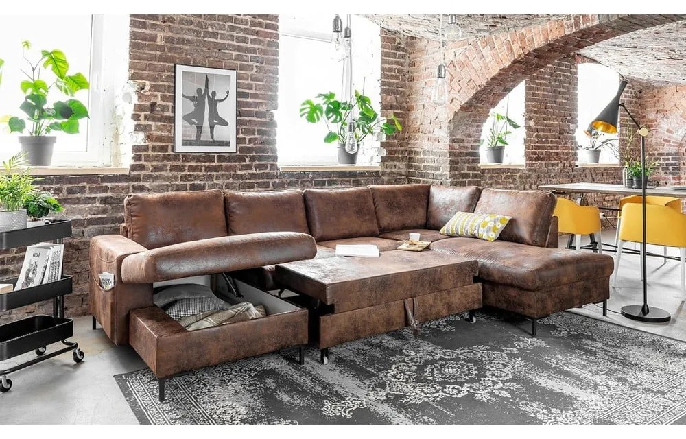 Divano letto a U marrone in similpelle Vintage, angolo destro Lofty Lilly - Miuform