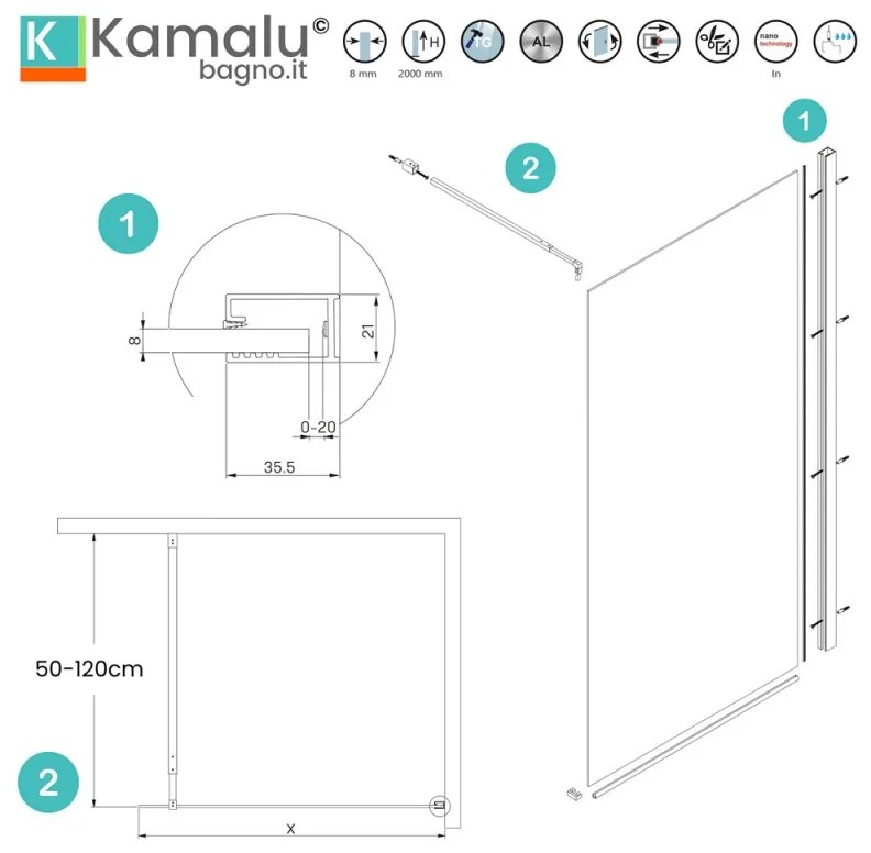 Kamalu - doccia walk in 120 con profilo nero e vetro scanalato fluted | kw-100bfl