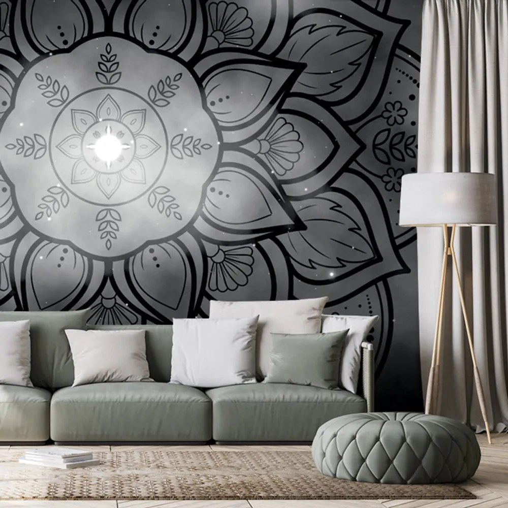 Carta da parati – Mandala in bianco e nero con sfondo galassia