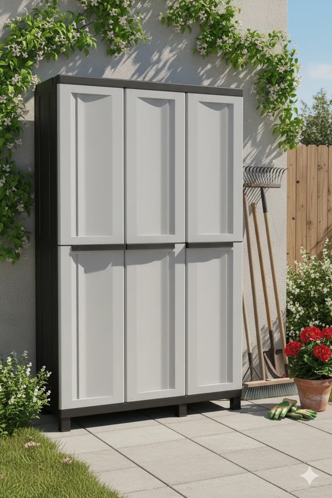 Armadio Portascope Modulare da Esterno 102x39x170 cm 3 Ante 3 Ripiani in Polipropilene Twist Grigio e Nero...