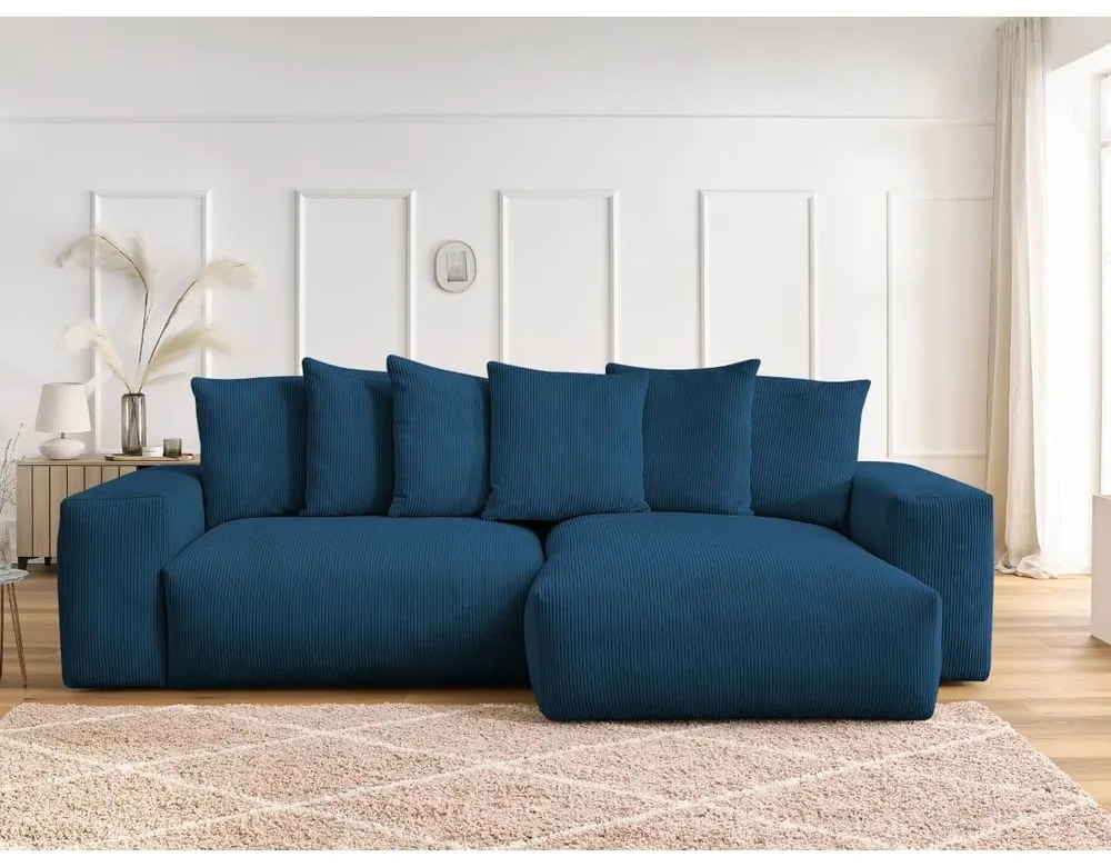 Divano angolare blu allungabile e con contenitore rivestito in velluto a coste Voltaire – Bobochic Paris