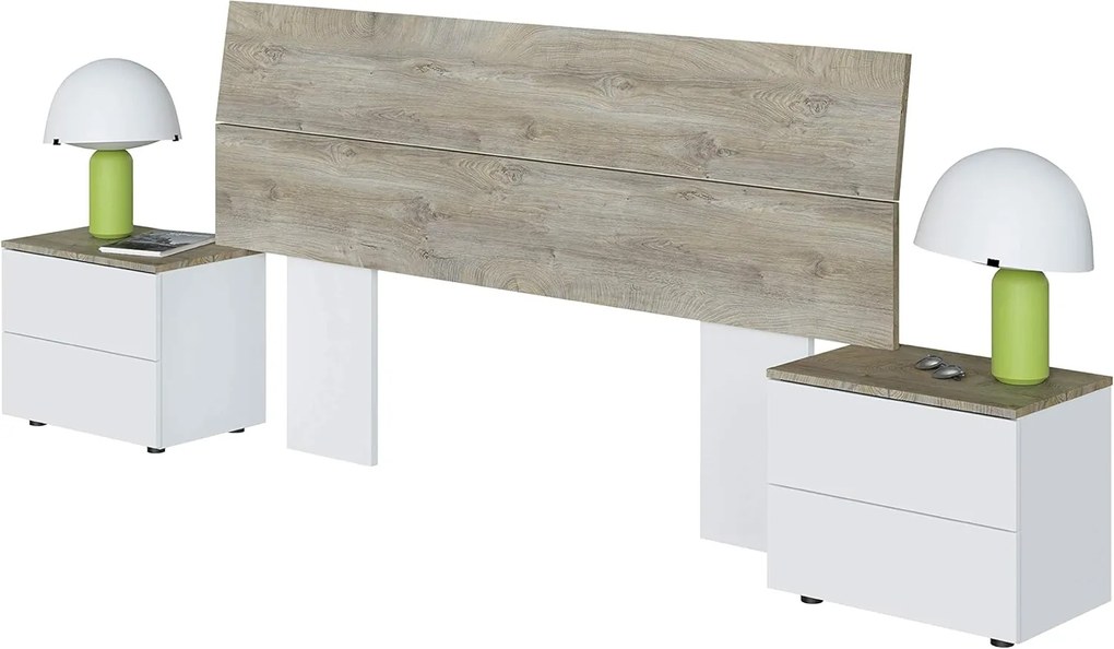 Set Testiera Letto Matrimoniale con 2 Comodini - Bianco Artik e Rovere Alaska