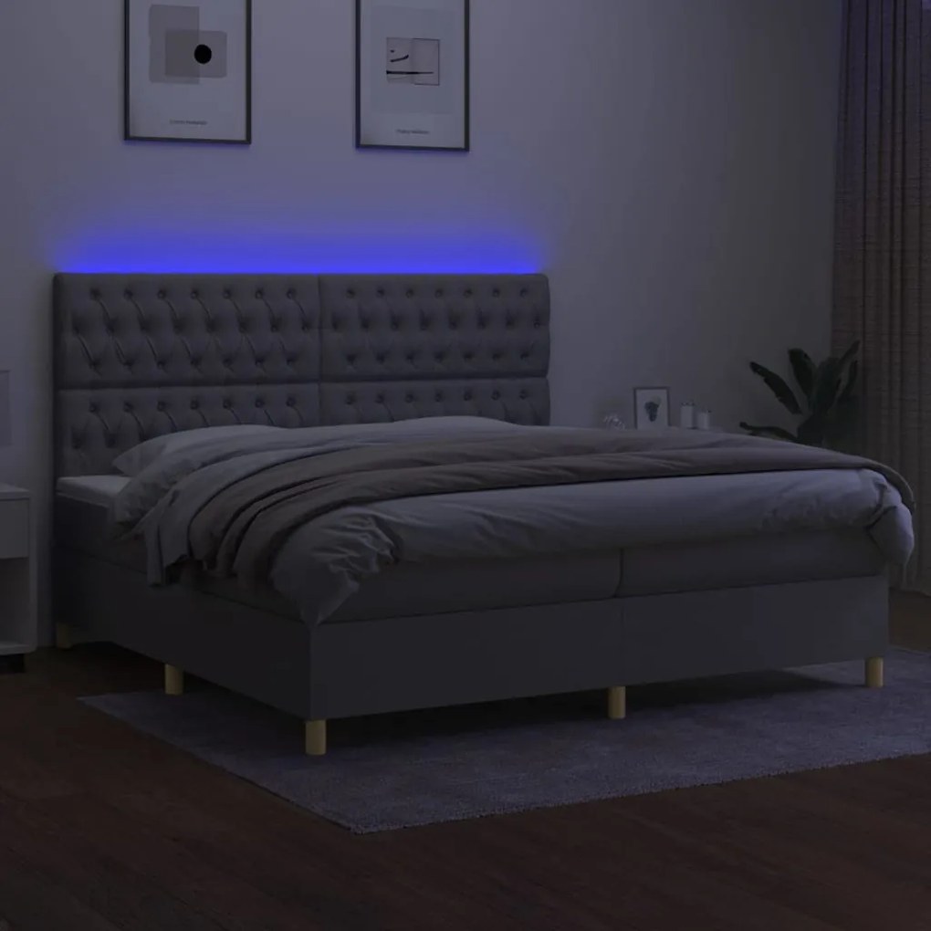 Letto a molle materasso e led grigio chiaro 200x200 cm tessuto