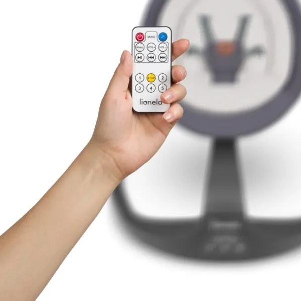 Lionelo - Altalena per bambini RINA con melodia, 4xAA, grigio cemento + telecomando