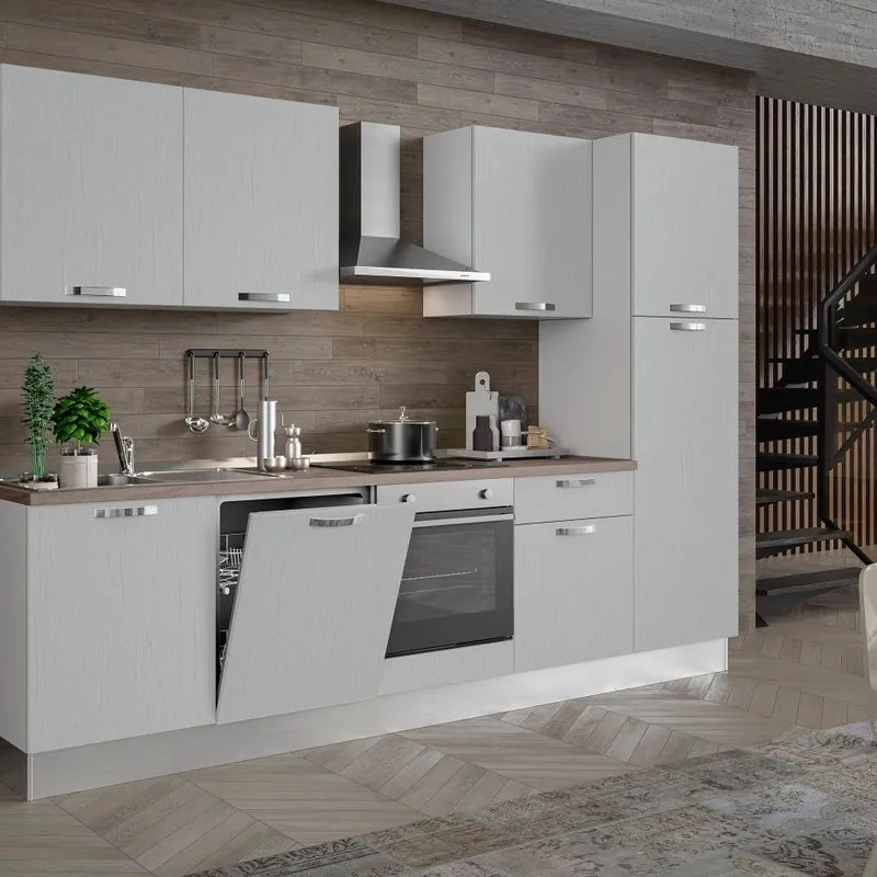 Cucina montata Dora bianco spatolato, lavello a sinistra, L 300 cm, completa di: cappa a camino, piano cottura a induzione, forno, lavastoviglie e frigorifero
