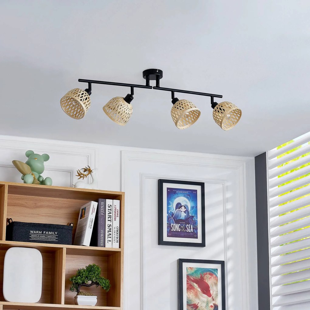 Faretto da soffitto Lindby Youstin, lunghezza 70,5 cm, bambù a 4 luci, E14 Youstin Lindby, dimmerabile, Legno chiaro, Soggiorno / Sala da pranzo, bambù, Campagna / Rustiche, Faretto