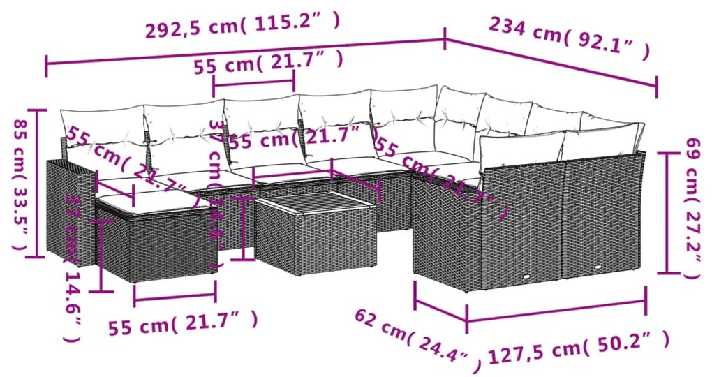 Set Divani da Giardino 11 pz con Cuscini in Polyrattan Nero