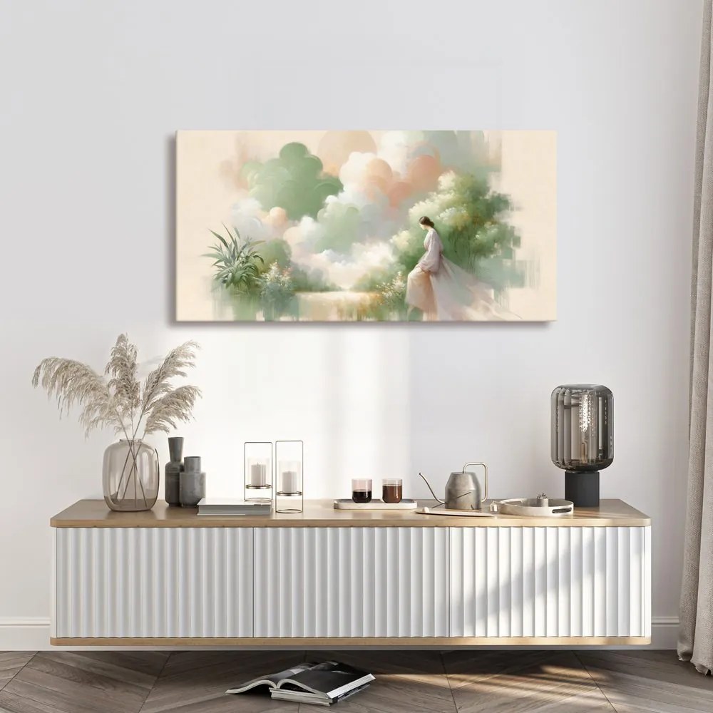 Quadro su tela – Donna sognante in toni pastello