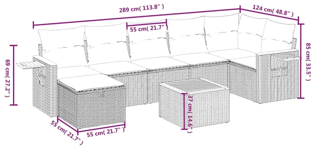 Set divani da giardino con cuscini 8 pz nero in polyrattan