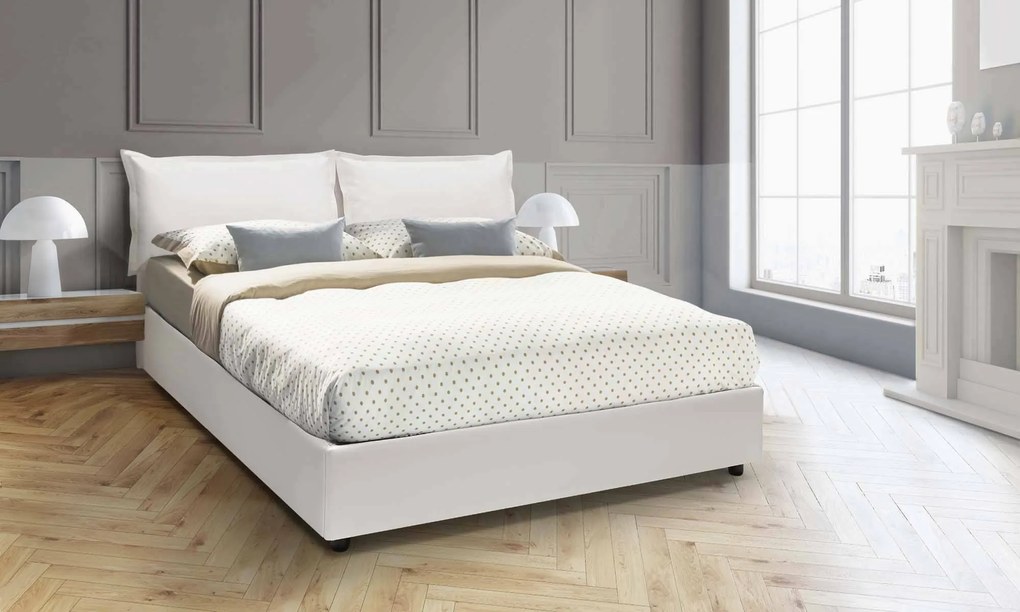 Letto matrimoniale Fatima, Letto contenitore con rivestimento in ecopelle, Made in Italy, Apertura frontale, con materasso cm 140x200 incluso, Bianco