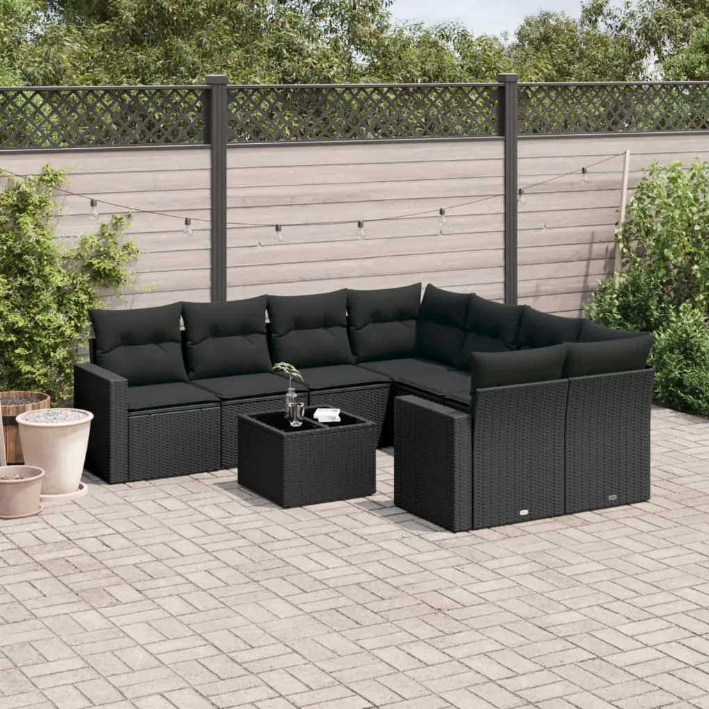 Set divani da giardino 9 pz con cuscini nero in polyrattan
